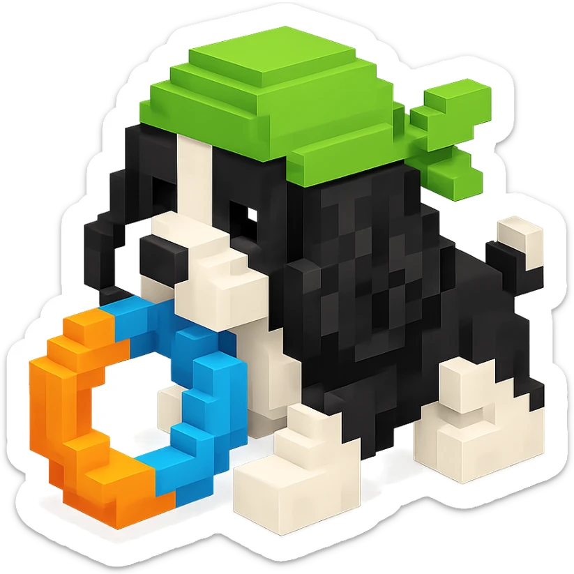 A black and white Russian Cocker Spaniel puppy wearing a green durag, voxel style, playing with a toy sticker