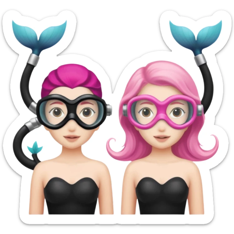 2 Mermaids one wearing a light pink snorkel mask and the other wearing black snorkel mask sticker