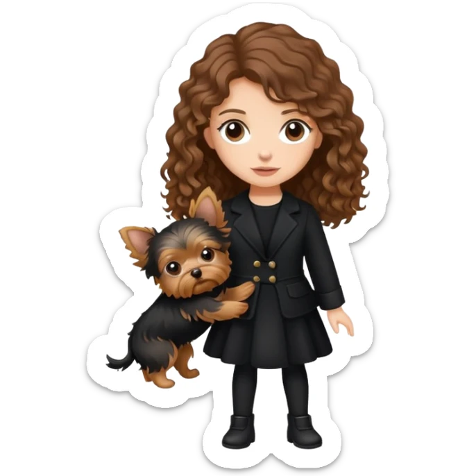 A girl with long brown curly hair in black clothes holds a little Yorkshire terrier sticker