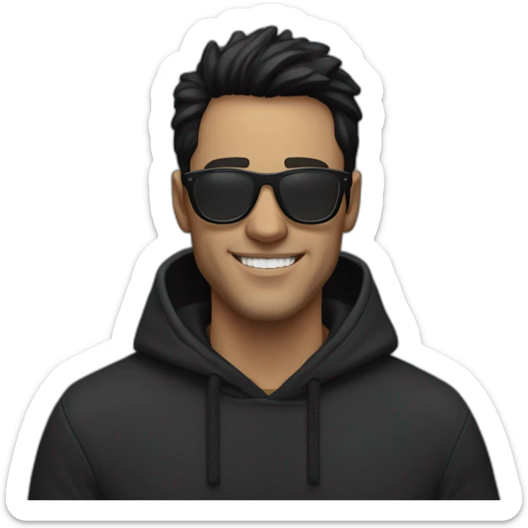 White man smile in face with black tinted glasses and black hair in a black hoodie with black hair  sticker