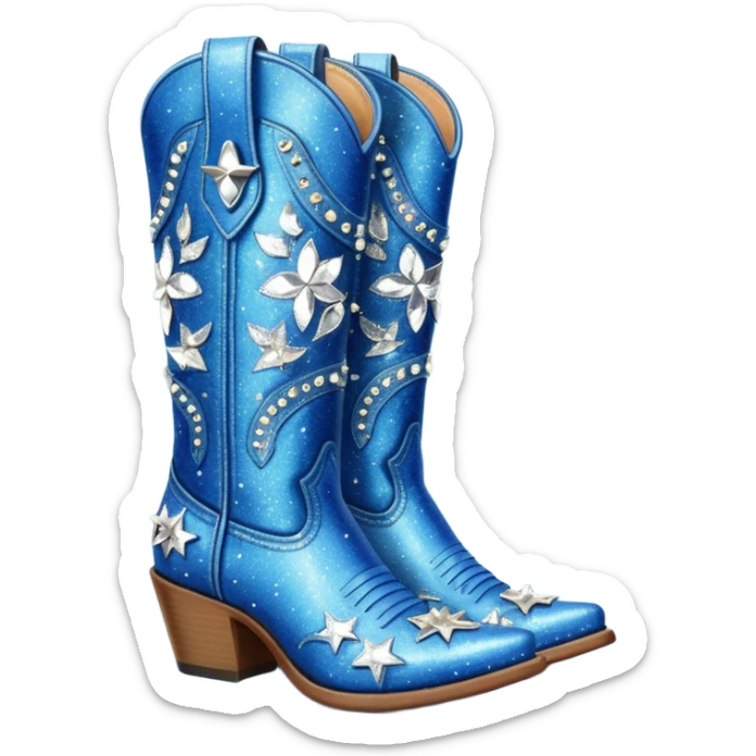 Realistic  blue fashion cowgirl boots with sparkly shiny glitter  sticker
