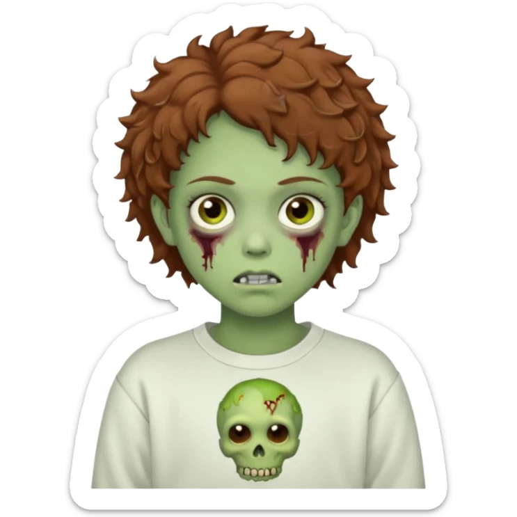  green teen zombie with  brown short curly hair and brown eyes wearing a white sweat sticker