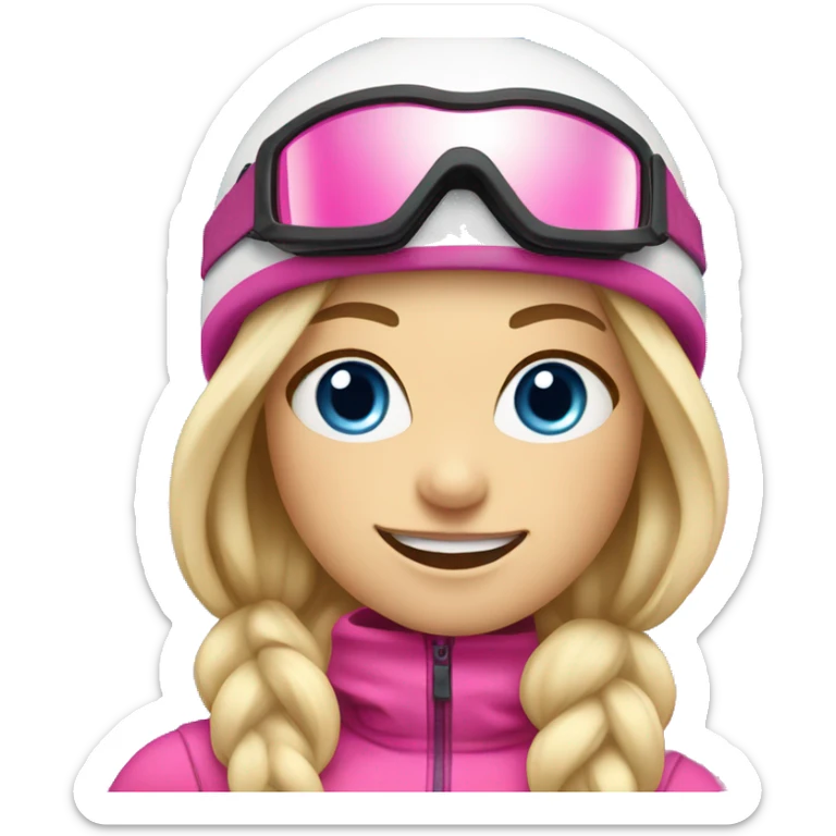 Skier girl with blonde hair blue eyes and pink gear show skis and legs  sticker