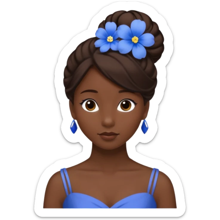 tạo cho tôi emoji tạo hình của công chúa da đen tóc nâu búi tóc 1 bên trên đỉnh đầu, cô ý cài hoa màu xanh sticker