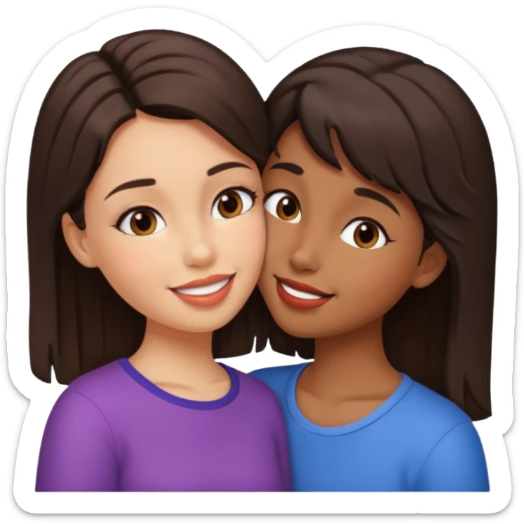 A girl kisses her friend The girls' hair color is dark brown. With wheatish skin  sticker