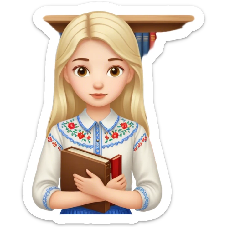 A Ukrainian girl in an embroidered shirt holds many books sticker