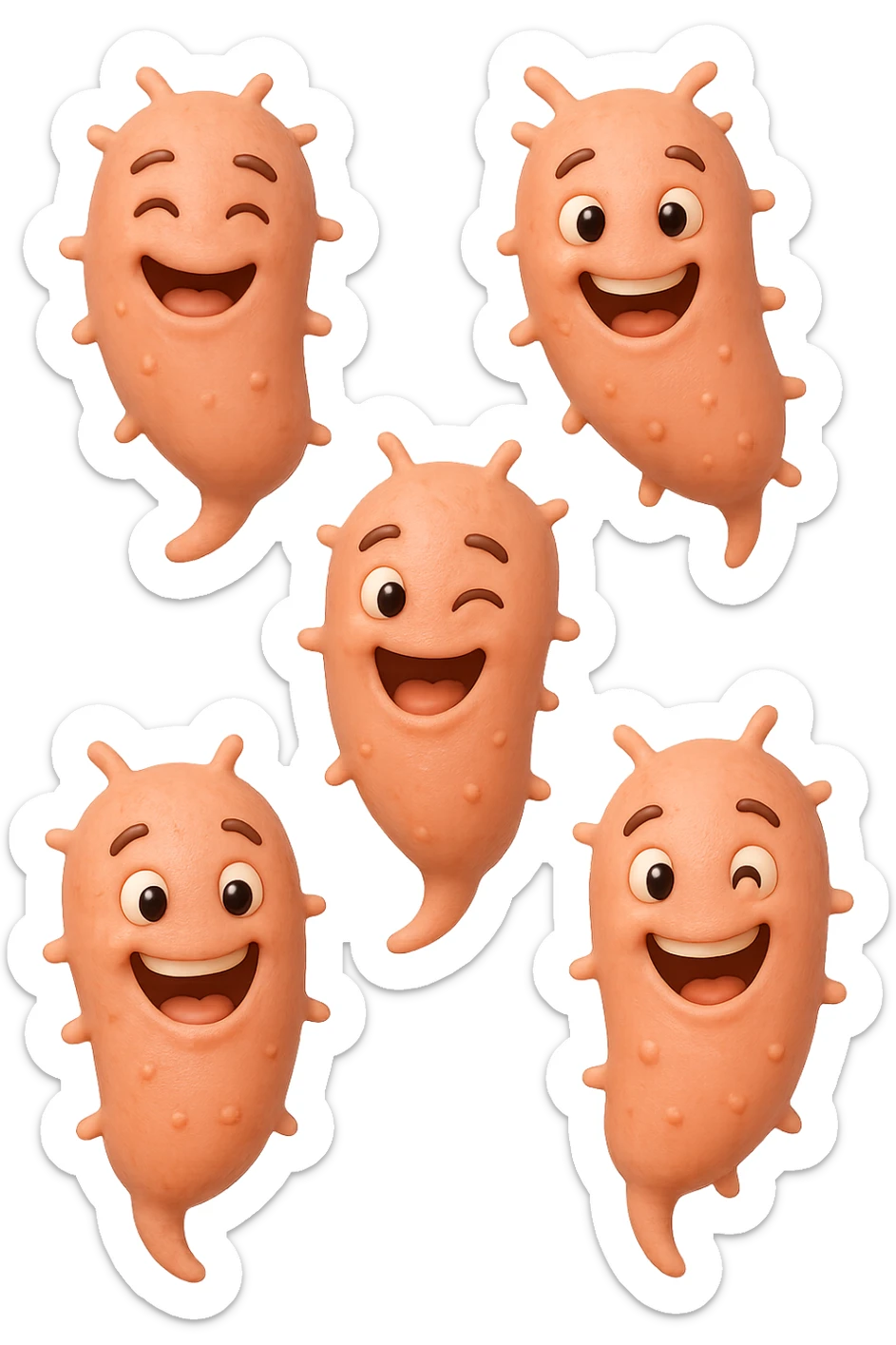 EMOJI STILE IPHONE DI 6 BATTERI INTESTINALI ROSA SALMONE FELICI CHE FLUTTUANO IN ARIA, IPERREALISTICO 4K sticker