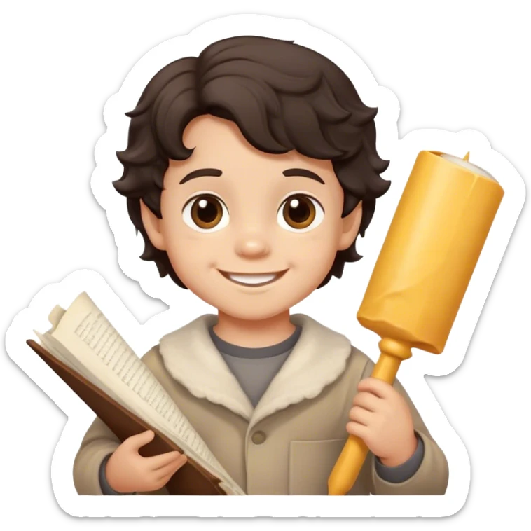 smiled Toddler boy with wavy dark hair and brown eyes with a parchement sticker