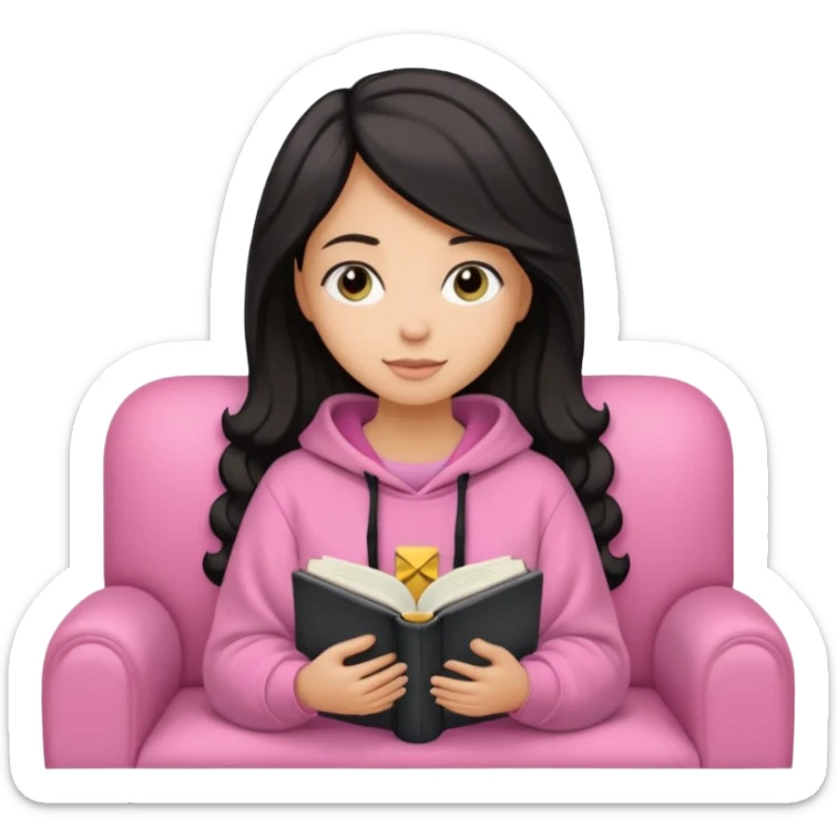 Una chica linda de cabello negro con ondas hasta los hombros de piel blanca con una sudadera rosa en un sofá cómodo y hermoso leyendo la biblia sticker