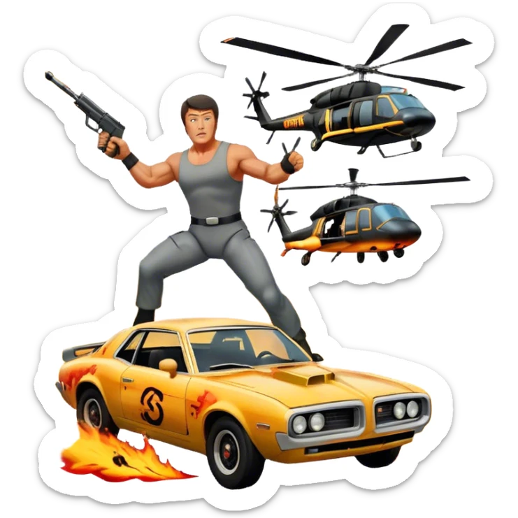 Icon for Action Movie: A vintage movie poster-style design featuring intense action scenes with explosions, weapons, and dramatic poses of Stallone. Include cars and helicopters flying out of flames in the background. Bold typography and retro cinematic style. Transparent background. sticker