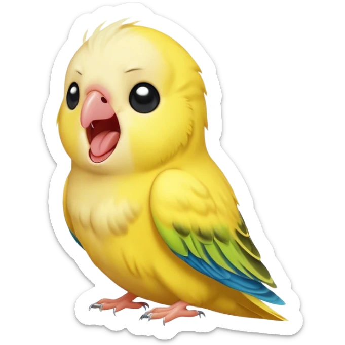 Cinematic Cute Yawning Yellow Budgie Portrait Emoji, Head tilted slightly with a dramatic, wide-open yawn, showcasing a soft, downy yellow feathered fur with gently drooping wings, round dark eyes barely open in drowsy contentment, Simplified yet irresistibly adorable features, highly detailed, glowing with a soft, cozy glow, high shine, relaxed yet expressive, stylized with a touch of whimsy, bright and endearing, soft glowing outline, capturing the essence of a sleepy yet affectionate budgie, so drowsy it feels like it could stretch out of the screen and curl up for a nap! sticker