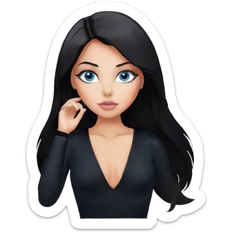 Glamours make-up, tanned, beautiful, girl, with blue eyes, big pump peach-beige-rose lips, eyeliner, long lashes, black straight smooth silky long hair, parting hair in the middle,  in black v-neck bodysuit long sleeves sticker