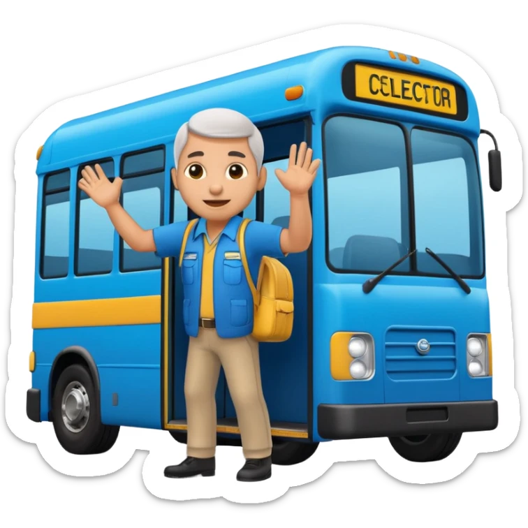 3D emoji of a Peruvian bus fare collector (“cobrador”), leaning out of a urban blue bus. door calling passengers, dynamic pose, urban street vibe, vibrant colors, bold outlines, sticker illustration, transparent background sticker