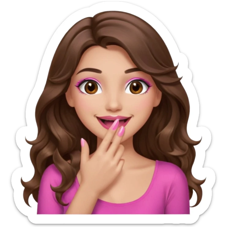 girl with long wavy brown hair, brown eyes, long lashes makeup, pink lips, light to medium complexion, pink sexy top, smiling, hand covering the mouth, giggling sticker