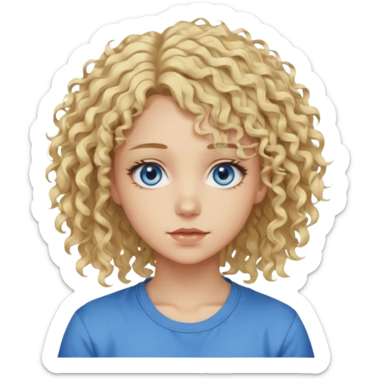 This is a 2D digital anime-style portrait of a female, caucasian, 29 years old light skin. The person has messy stray blond curly hair, round blue eyes.  sticker