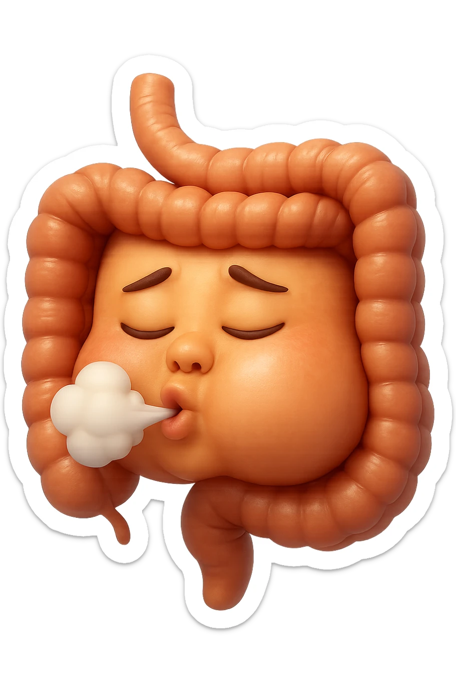 emoji stile iphone di un intestino che ingoia una nuvoletta di aria ben visibile e gli si gonfia la pancia, non fargli il naso, iperrealistico 4k sticker