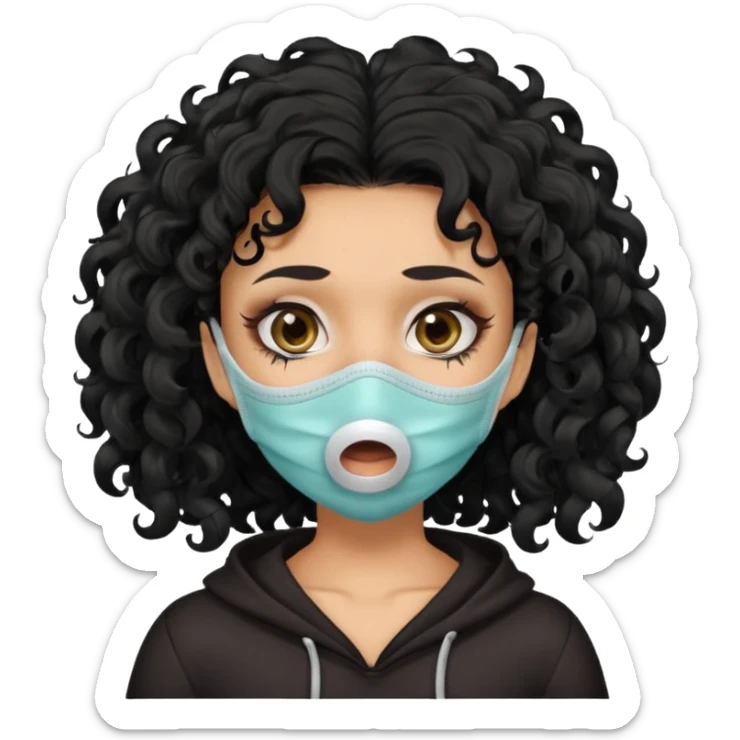 a pretty tan bratz girl with black curly hair. no makeup, looking sick, wearing a mask, coughing. sunken face sticker