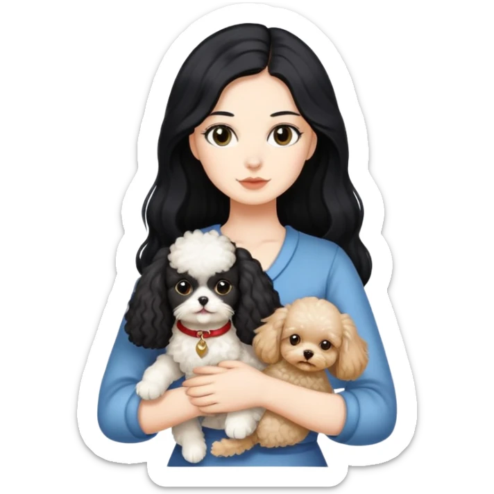 Lady with long black hair, holding 2 animals -a Ragdoll cat and a small poodle dog sticker