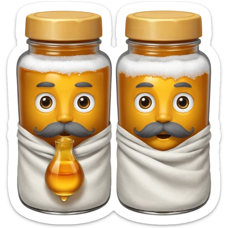 Garama and Madundung are together a gray container of salt and a honey container with a cloth on top. They each have eyes with white in the middle, a mouth, nose, and mustache both customary to their colors. They have hairy legs and emit an aura of salt (Garama), and honey (Madundung). sticker