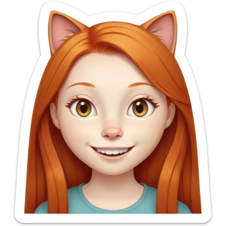 traditional emoji of young girl with very pale skin, long straight bright ginger red hair, cat-like almond-shaped eyes that are angled upward, wide flat nose, big smile with very large prominent teeth showing, classic round face sticker