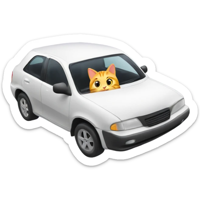 A cartoon emoji-style car with a curious cat peeking out from the open hood of the engine compartment. sticker