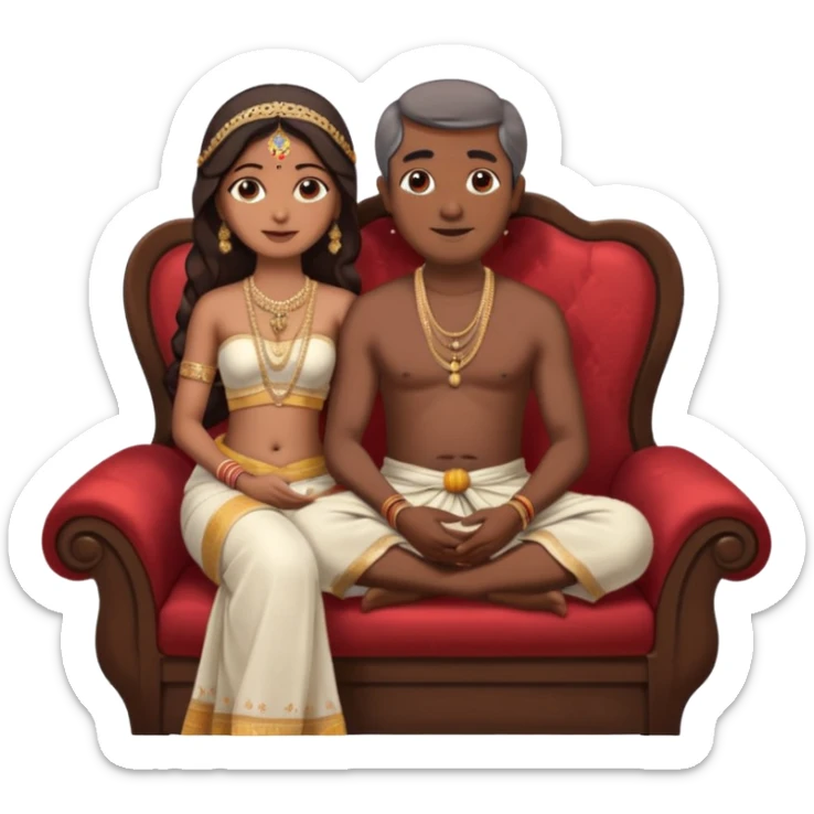 an indian bride sitting on her fathers lap. father is wearing a dhoti, shirtless and sitting on a chair sticker