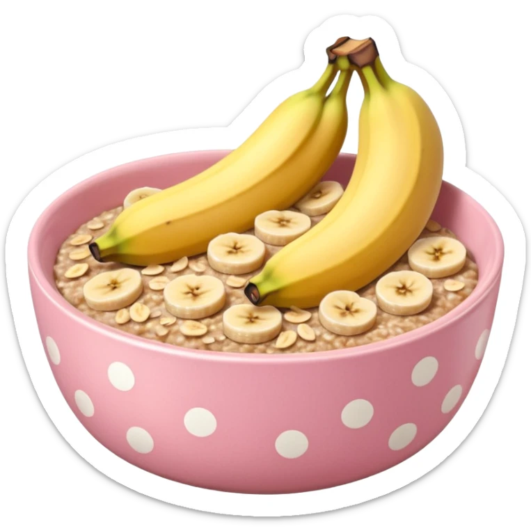 banana baked oats in a bowl like oat meal with a couple banana slices on top that look a little bit caramelised and a light pink bowl with white polka dots please with NO whole banana on top just slices  sticker