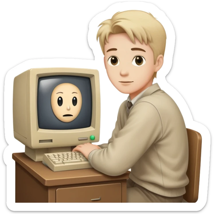 Young man sitting at a very old desktop computer from the 1990s with CRT monitor and beige tower sticker