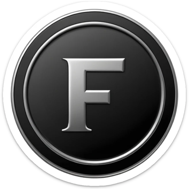 Emoji icon of a black coin with engraved letter F, minimalist style, isolated, only black color sticker