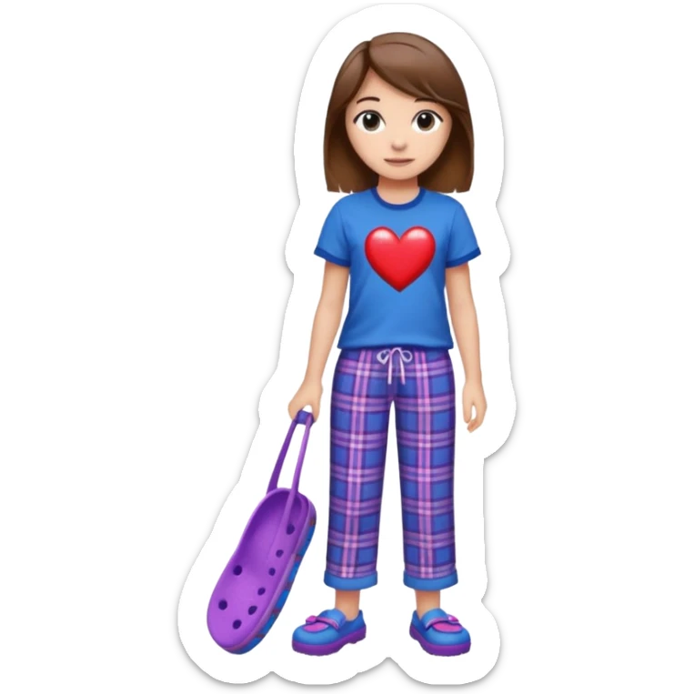 a floating purple heart next to a girl with brown hair armpit level that is straight wearing a star boy shirt and red plaid pj pants and blue crocs sticker