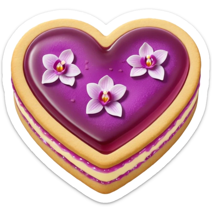 Realistic shortbread cookie in the shape of a heart with orchid color jelly middle filling and sprinkled powder sugar on top. sticker