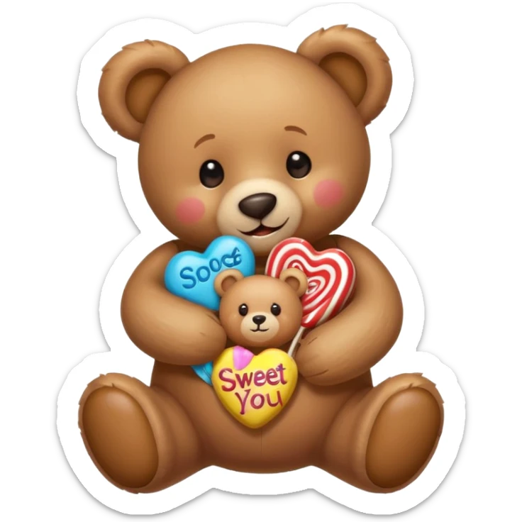 teddy bear hugging candy, cheerful face, words 'so sweet of you' emoji style sticker