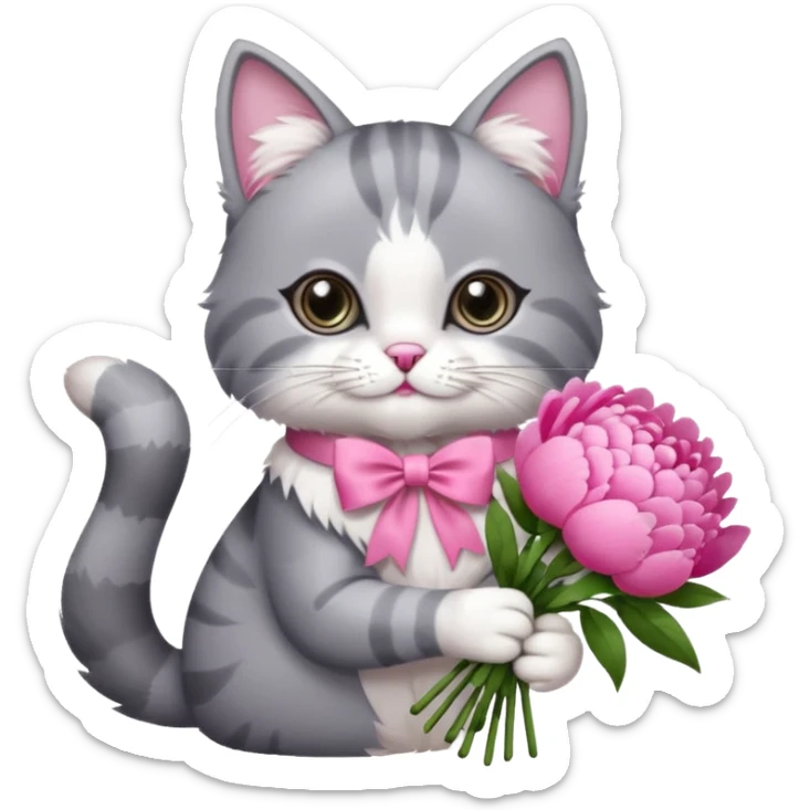 Cute cat Handing pink peonies like reaching a hand and handing them out a bouquet of them not a physical hand the cats hand  make the cat fluffy and grey and white fluffier make the cat wear a pink coquette make her wear a pink coquette sticker