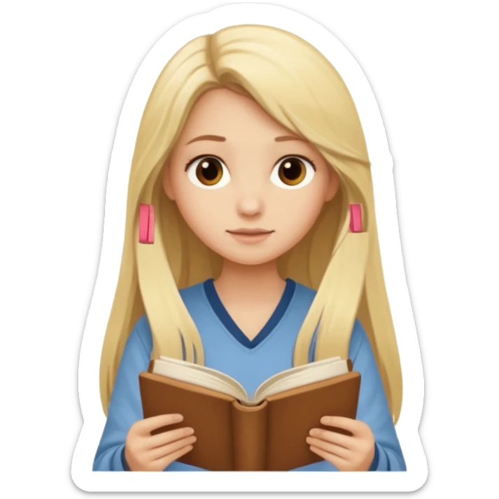 Blonde girl with long hair reading a brown book in beige set  sticker