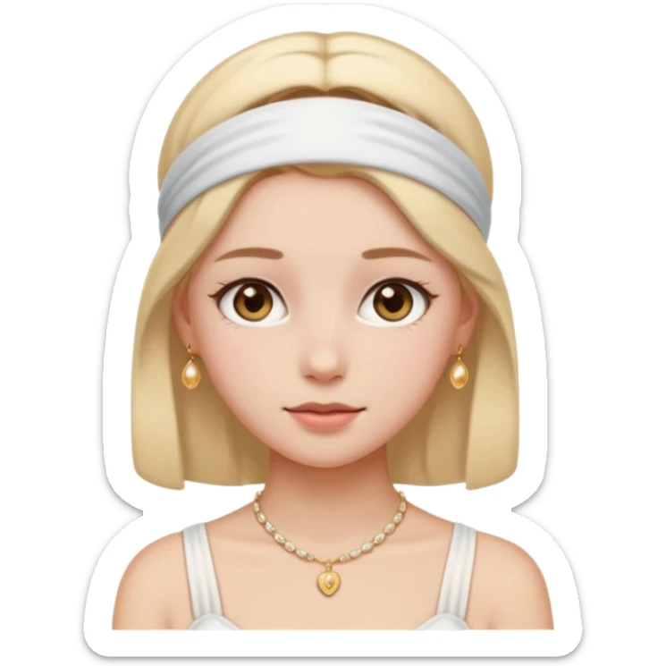 clean girl aesthetic emoji, wearing a white headband, flawless skin, subtle blush, delicate gold necklace, light pastel background sticker