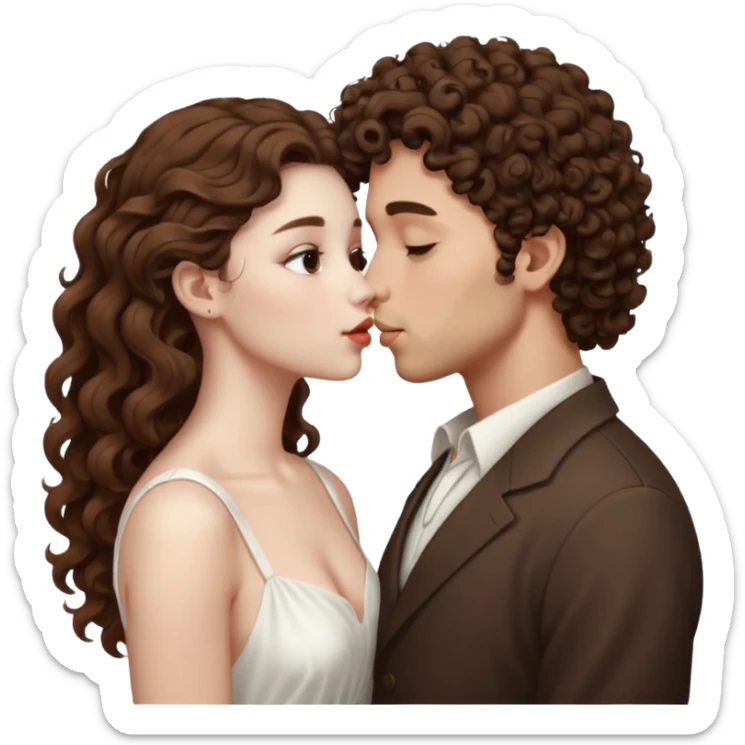 A couple kissing, the man would be white-skinned, mid fade-curly, brown-hair. The serious woman with white skin, long hair and brown color sticker