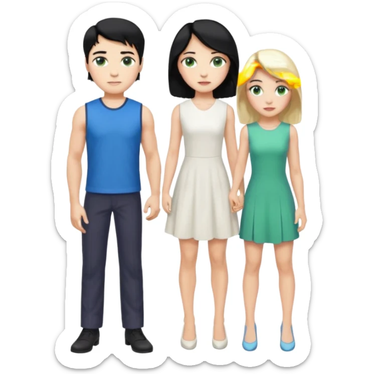 prince, standing upright, black Hair, blue eyes, garment, and woman, bending knee, sleveless white dress, blonde hair, green eyes, sticker