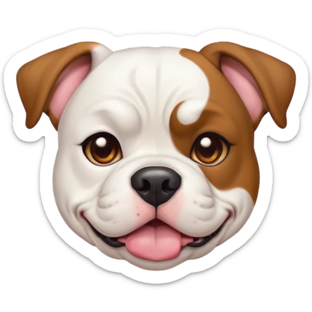 Cinematic Cute White and Brown American Bulldog Portrait Emoji, Head tilted playfully and inquisitively, soft white fur with rich brown patches, round, sparkling brown eyes filled with curiosity, Simplified yet irresistibly adorable features, highly detailed, glowing with a warm, friendly glow, high shine, affectionate and lively, stylized with a touch of whimsy, bright and endearing, soft glowing outline, capturing the essence of a mischievous yet loving pup, so playful it feels like it could bound out of the screen and into your arms! sticker