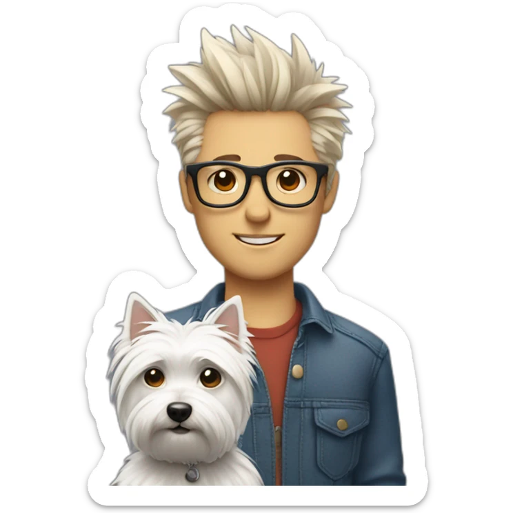 Man with glasses anda spiky hair with westie dog girl sticker