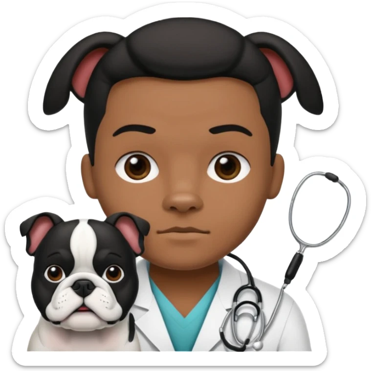 joven médico con el pelo un poco largo pero no tanto y lacio, que tenga un estetoscopio de color de piel tez negra calida !!! que sostiene un bulldog francés blanco y negro  sticker