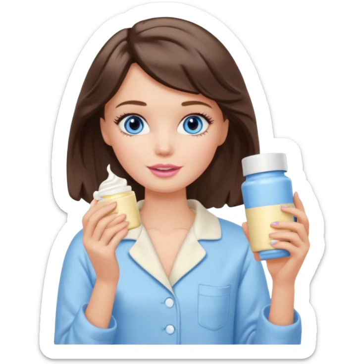 Barbie girl with makeup, blue eyes , and bob long haircut wavy, short brown hair in creamy color pajamas, face cream in hand sticker
