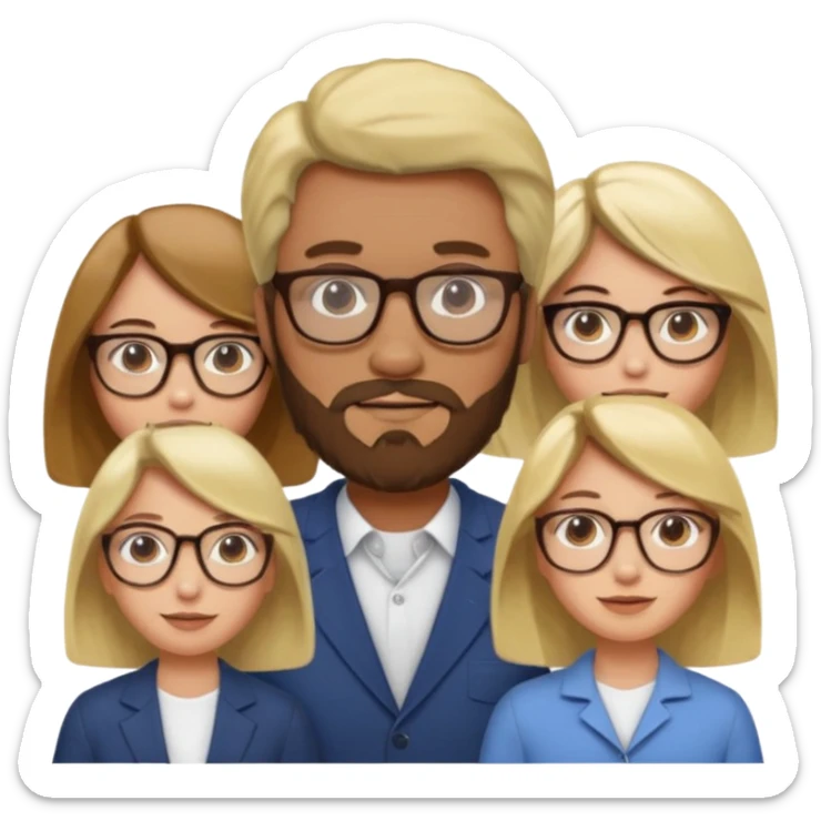 A man with hair and glasses a woman with long brown hair a man with a beard and a woman with a blonde bob sticker