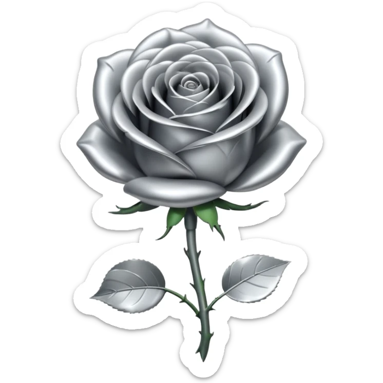 A rose emoji made of liquid silver metal minimalistic iOS emoji style, centered sticker