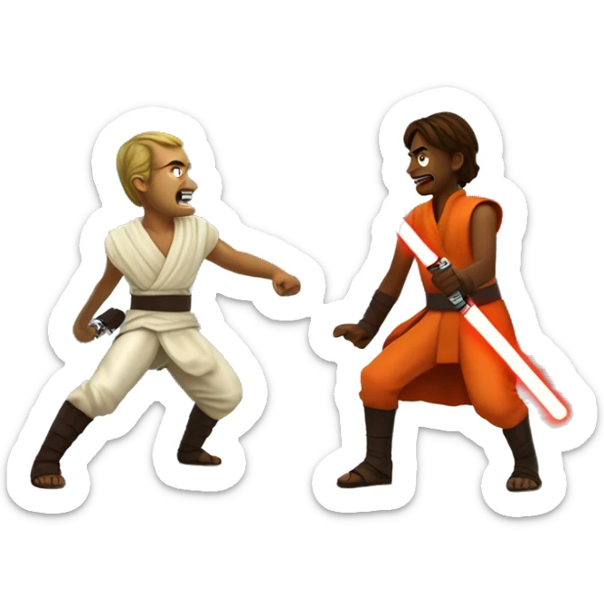 two jedis havingan epic lightsaber fight on an island in a see of red and orangelava sticker