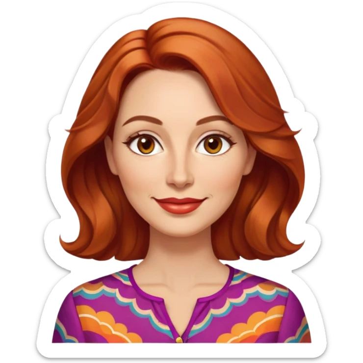 Woman in her 40s with elongated face, soft features, prominent cheekbones, friendly warm smile, medium almond-shaped brown eyes, defined eyebrows, straight nose, medium lips, vibrant red wavy hair, wearing a colorful blouse sticker