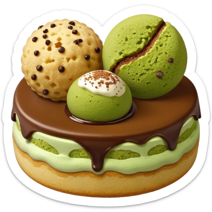 biscuit balls with matcha/chocolate/tiramisu topping + crumbs topping sticker
