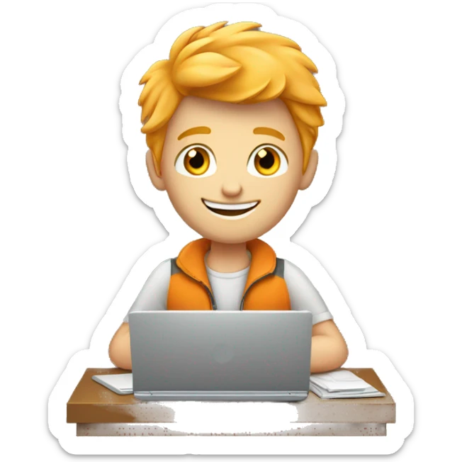 attractive blonde orange haired boy working on laptop in zipper showing thumbs up sticker