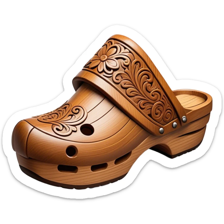 Cinematic Realistic Wooden Clogs Emoji, depicted as a pair of traditionally carved wooden clogs with intricate details and rustic charm. sticker