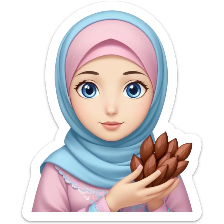 Turkish beautiful finish Konya girl blue eyes with pastel sakura hijab islamic dress and had on her hand dates sticker