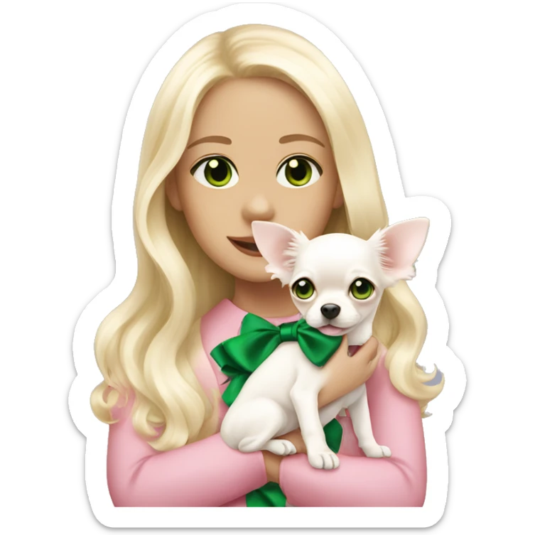 pale blond girl with wavy long platinum hair with green eyes holding a white chihuahua puppy that wearing a pink bow sticker